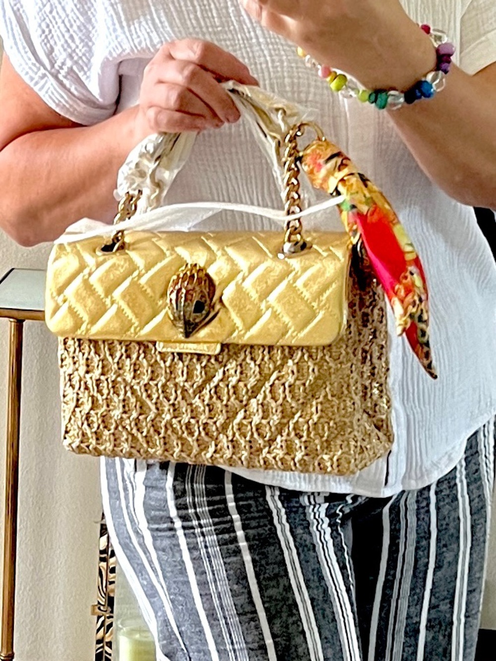 Kensington Raffia convertible bag with scarf Natural Gold NWT
